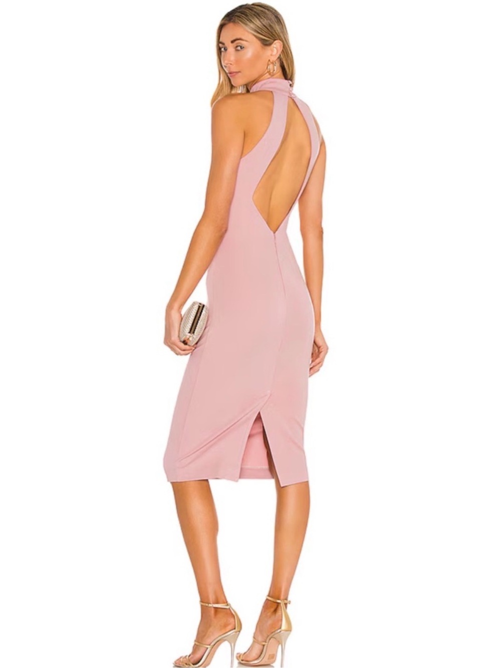 NBD Adelle Midi Dress Blush Large Open Back Halter Cocktail Wedding Guest - Picture 2 of 12